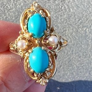 VINTAGE 14K YELLOW GOLD TURQUOISE AND PEARL LARGE RING STATEMENT ONE OF A KIND